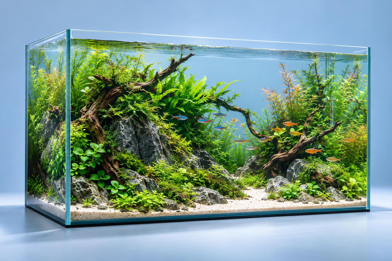 Imagen ilustrativa de un acuario plantado con rocas, troncos y pequeños peces